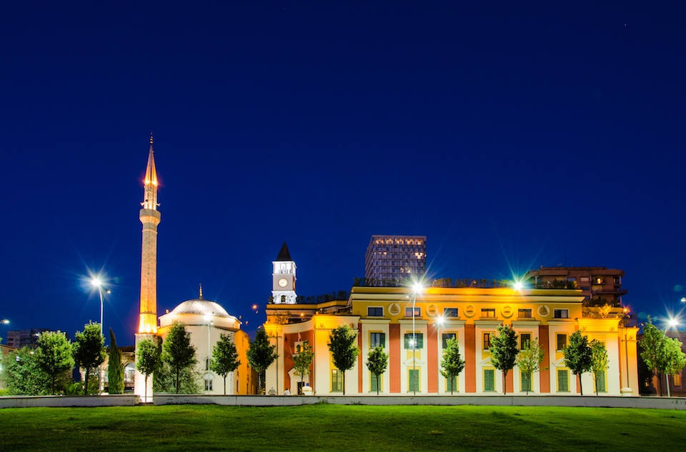 The Et'hem Bey Mosque in Skanderbeg Square, at night, Tirana - Albania
